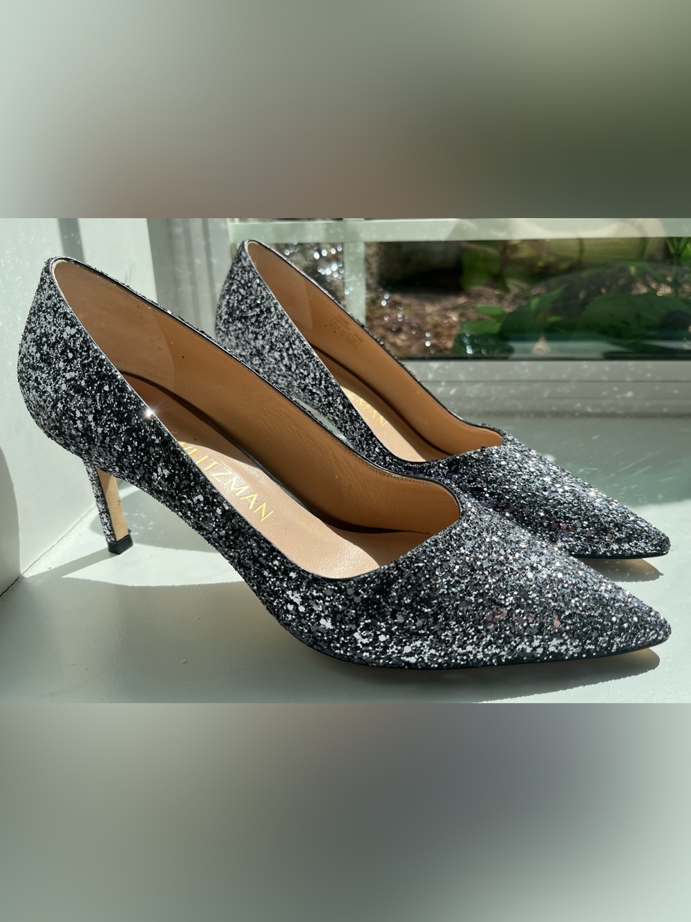 Stuart Weitzman Black and Silver Glitter Pumps